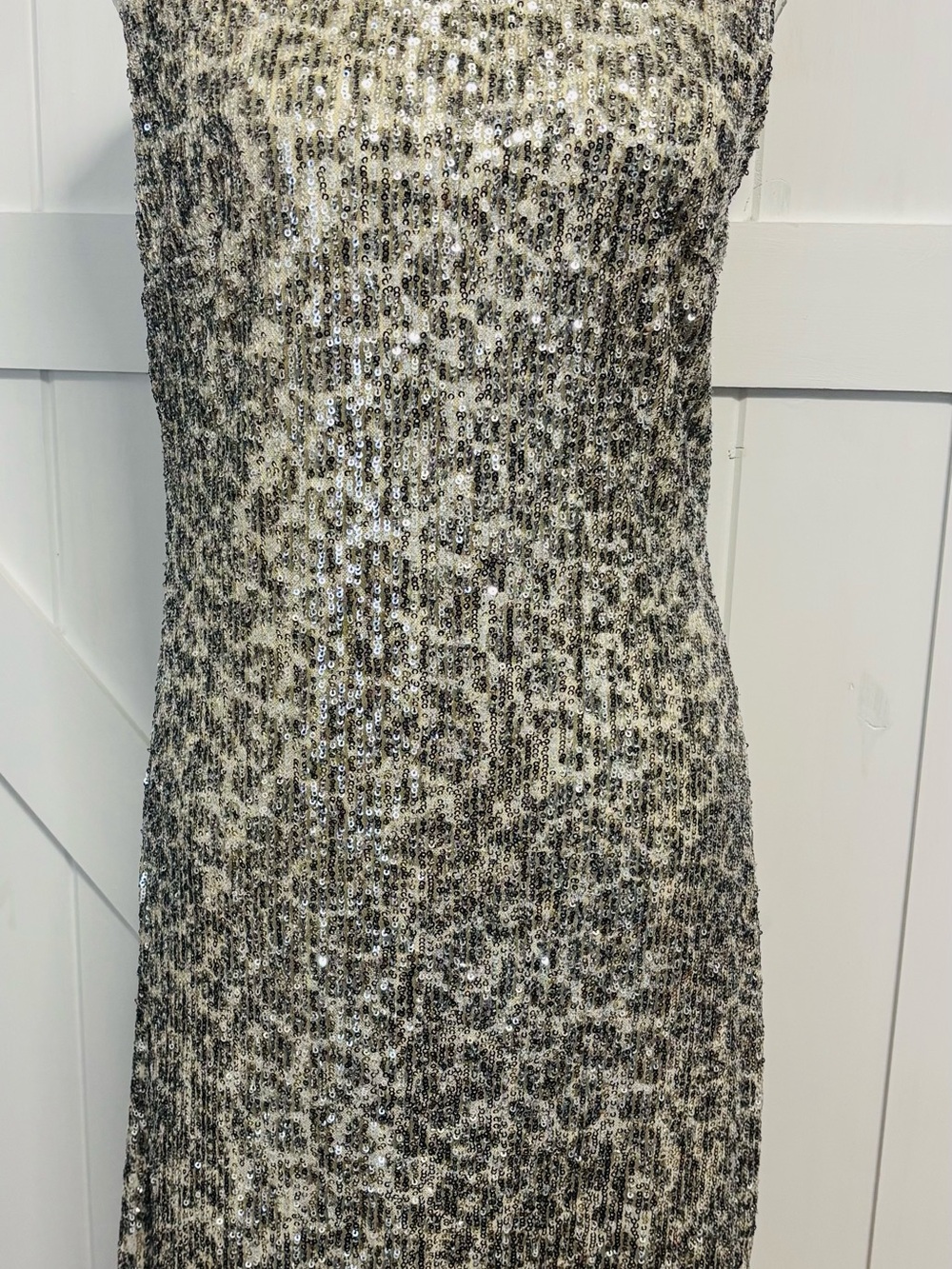 Papillon Blanc Silver and Cream Sequin Strapless Midi Dress